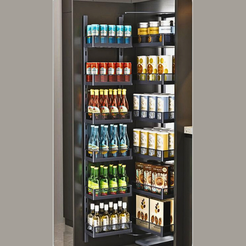 GREY GLASS PANTRY WITH BIDDING (SOFT CLOSE FRAME) WITH ANTI SKID MATT