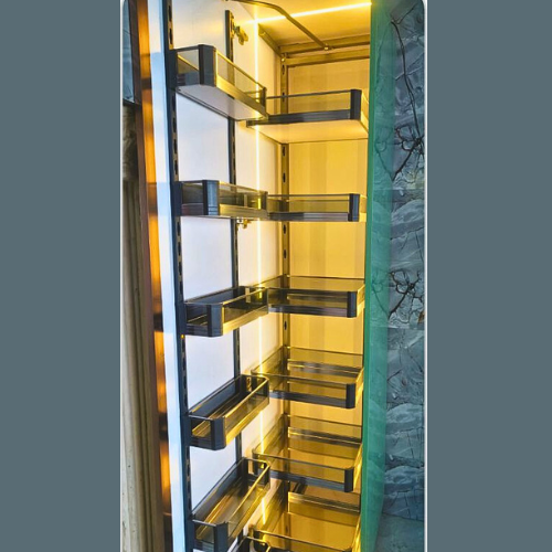 PREMIUM PURPLE GLASS PANTRY WITH BIDDING (SOFT CLOSE FRAME)