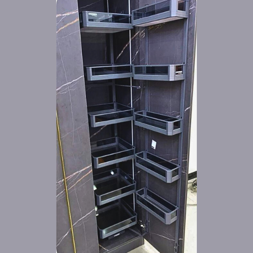 GLASS GREY PANTRY WITH BIDDING (SOFT CLOSE FRAME)