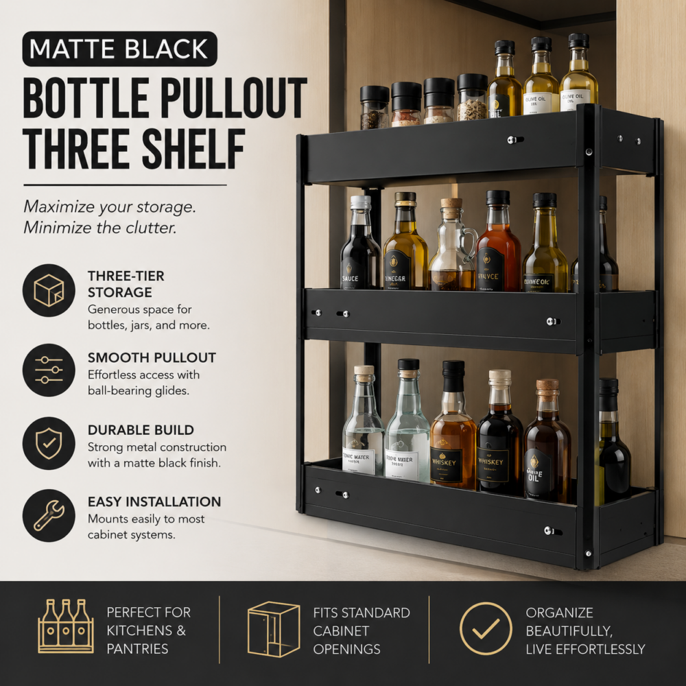 Matte Black Bottle Pullout-Three Shelf