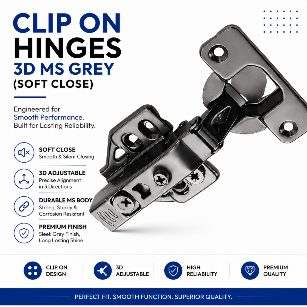 CLIP ON HINGES 3D MS GREY (SOFT CLOSE)