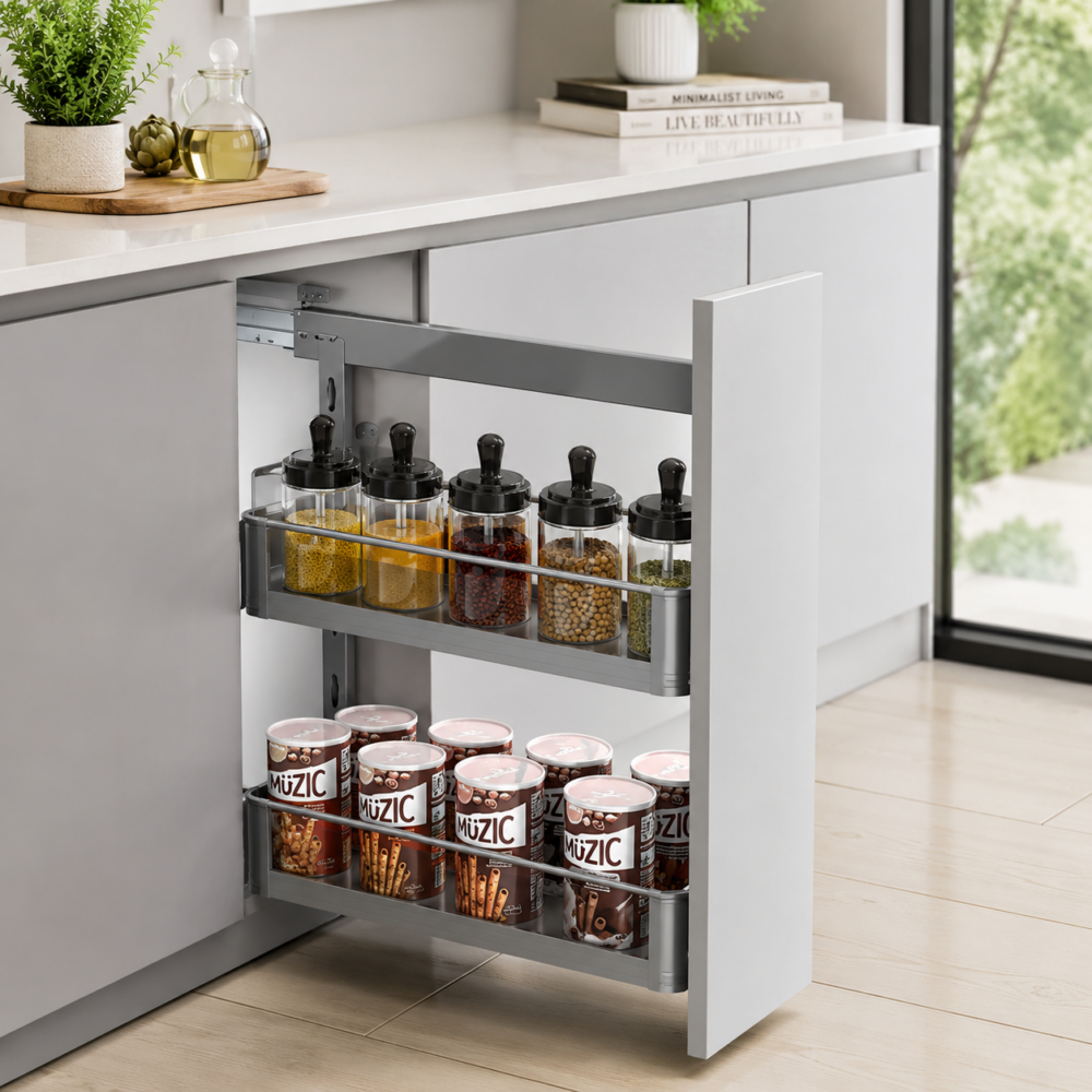 Premium Grey Glass With Bidding Sidemount Bottle Pullout