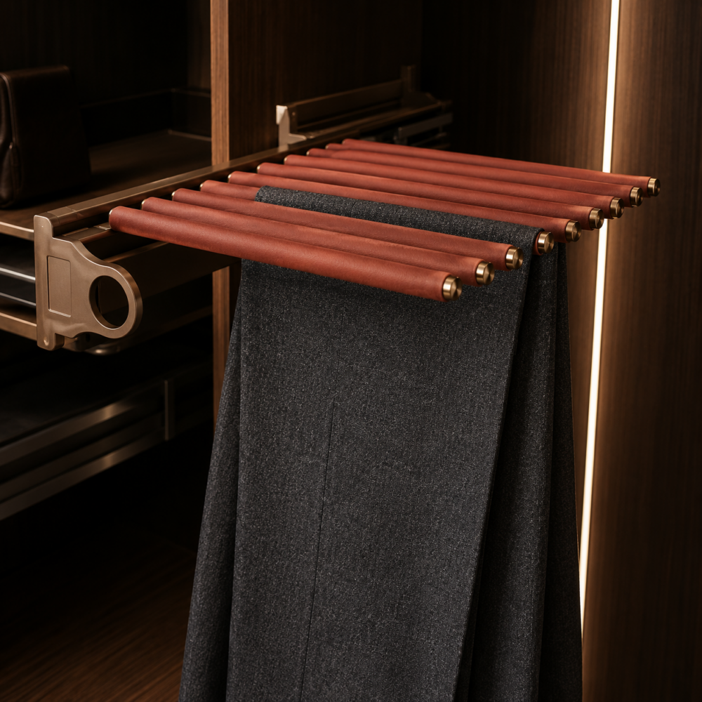 SOFT CLOSE MOCHA SIDE MOUNTED TROUSER RACK