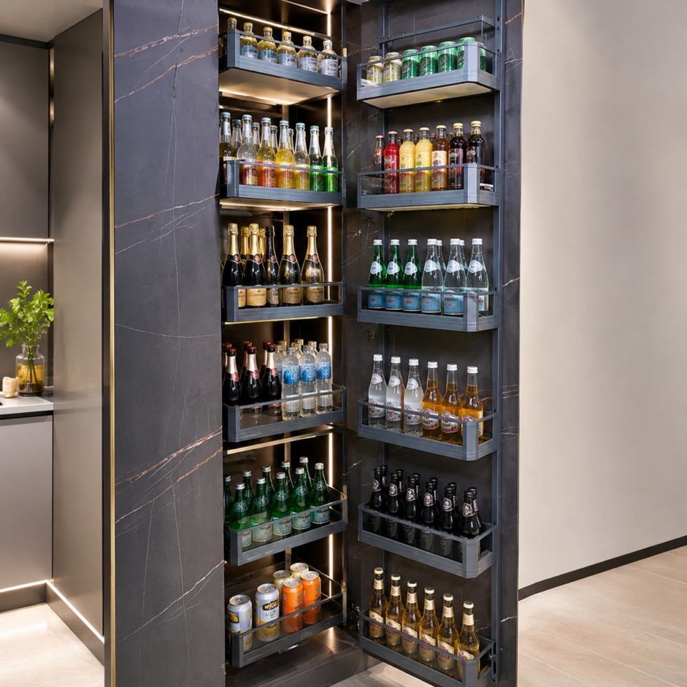 GLASS GREY PANTRY WITH BIDDING (SOFT CLOSE FRAME)