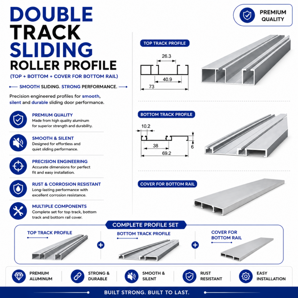 DOUBLE TRACK SLIDING ROLLER PROFILE (TOP + BOTTOM + COVER FOR BOTTOM RAIL)
