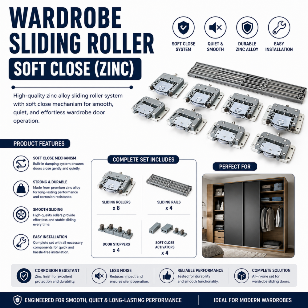 WARDROBE SLIDING ROLLER SOFT CLOSE (ZINC)