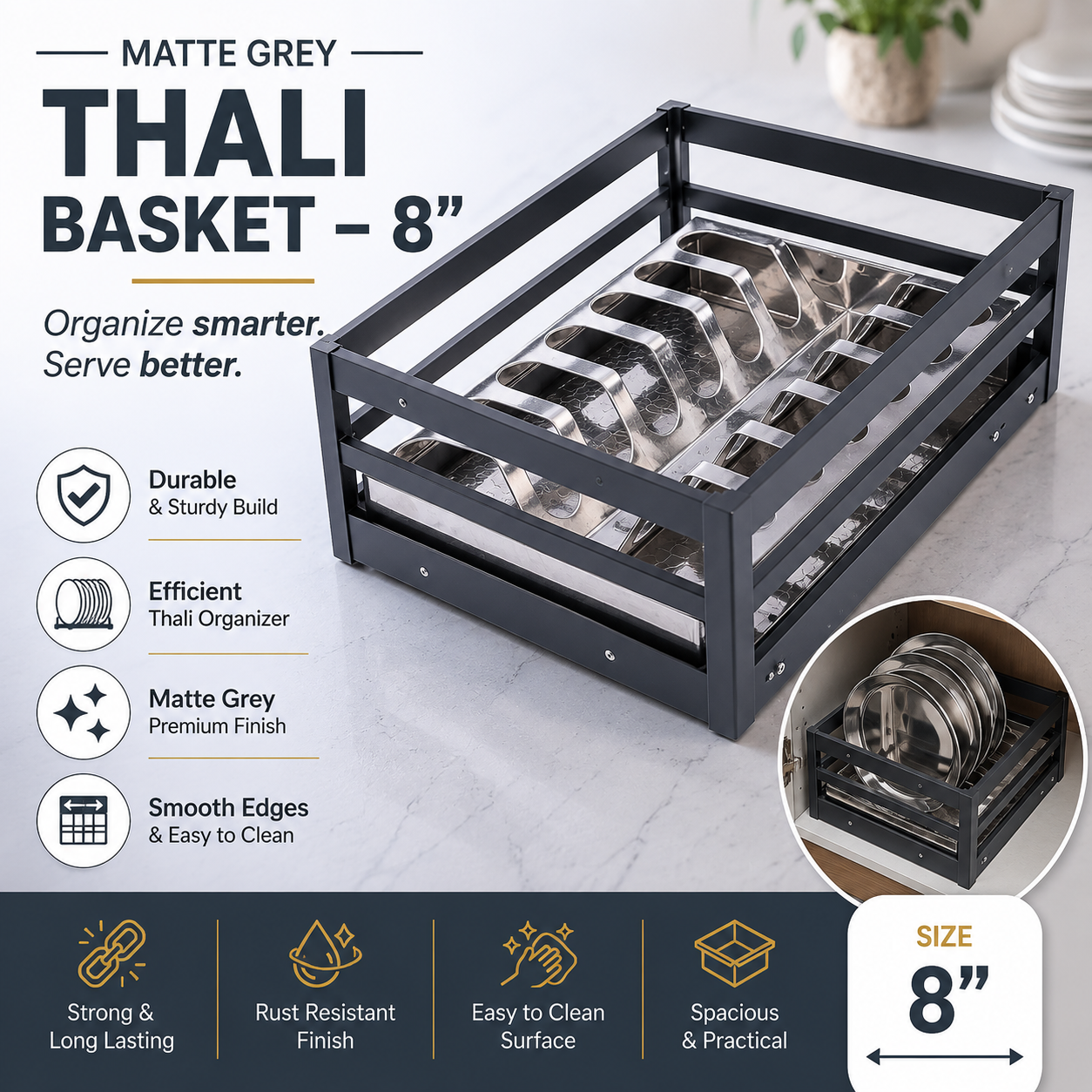 MATTE GREY THALI BASKET - 8"