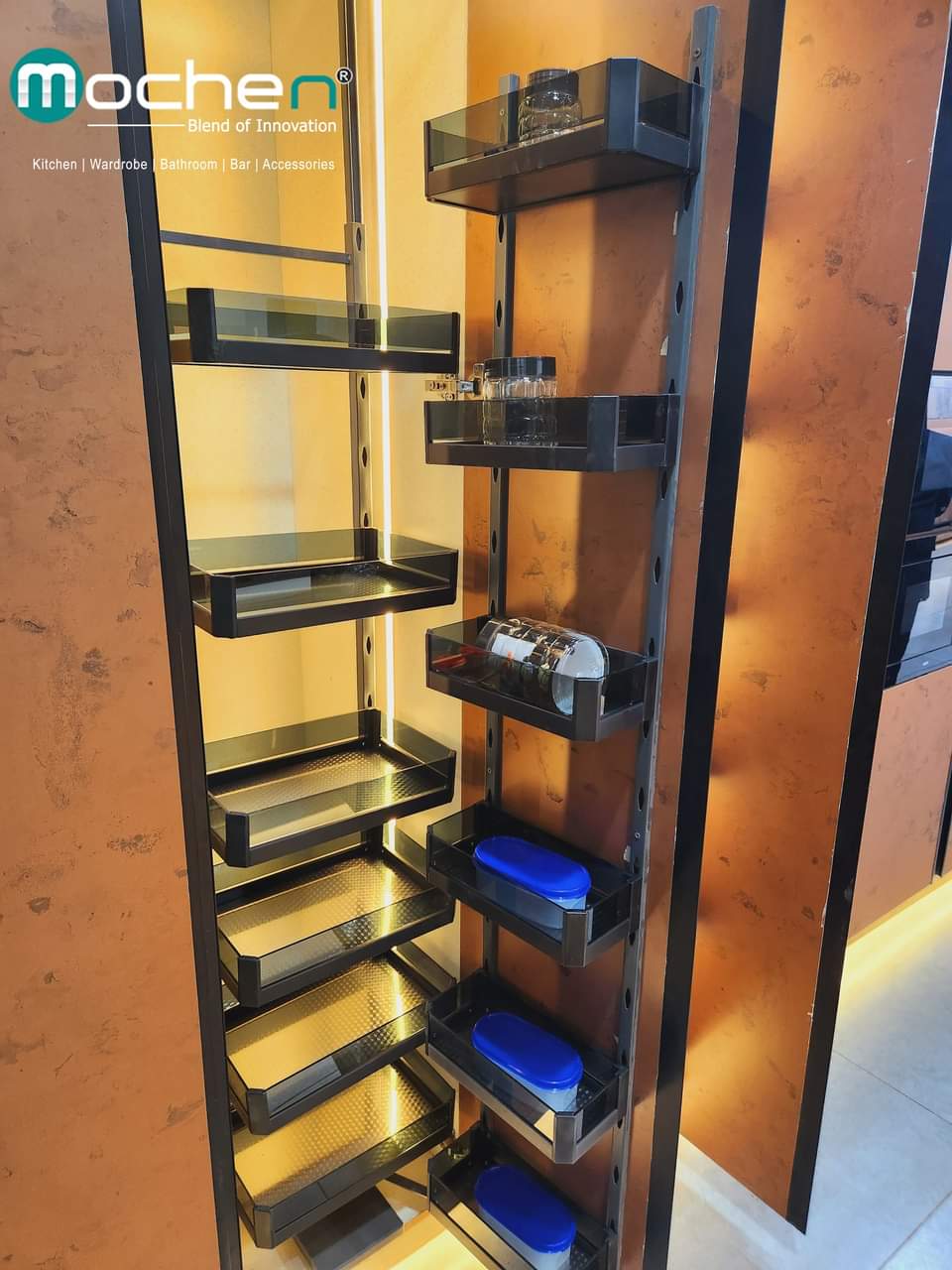 GREY GLASS PANTRY WITH SS BIDDING (SOFT CLOSE FRAME)