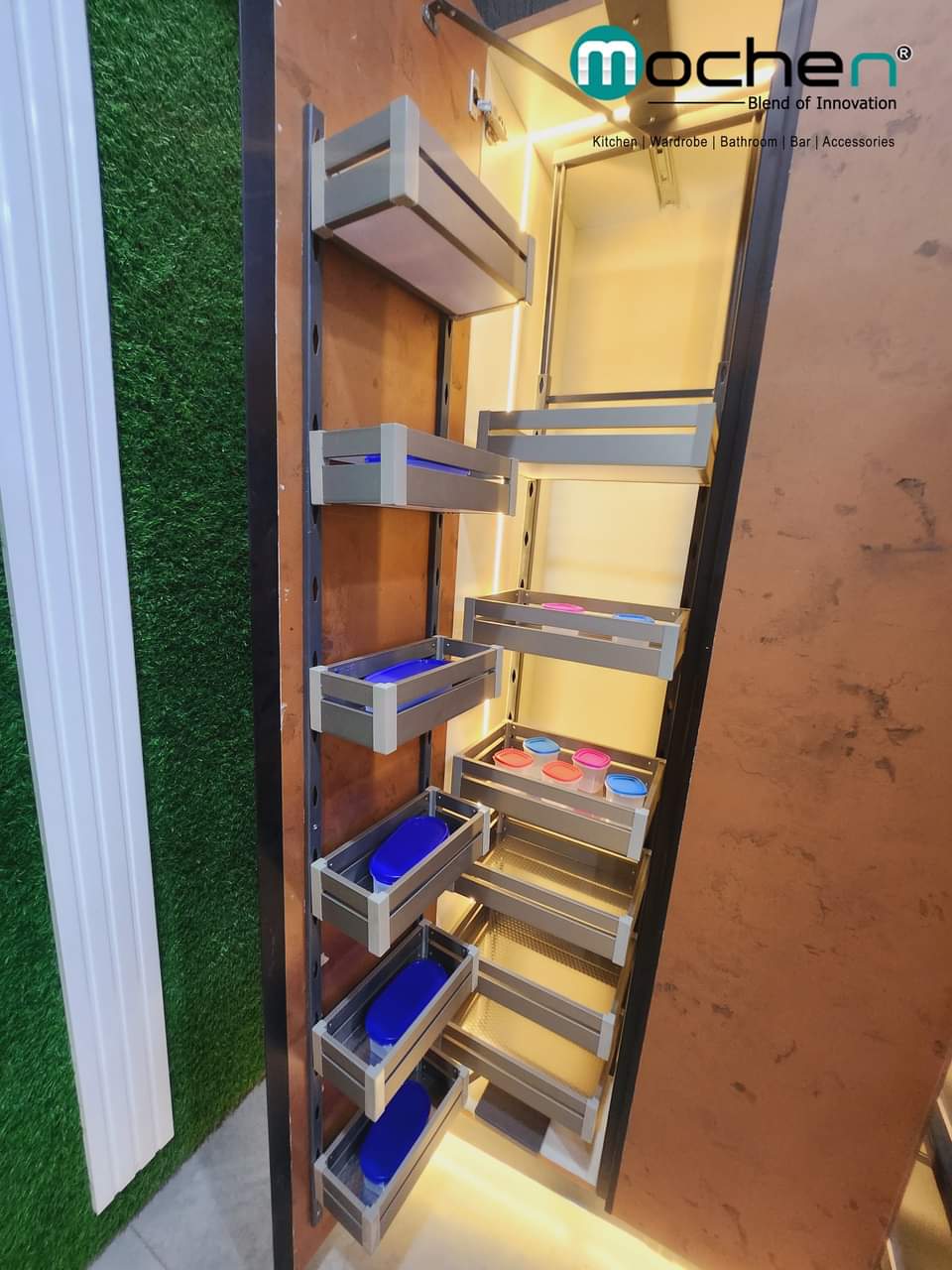 PREMIUM GREY GLASS PANTRY WITH BIDDING (SOFT CLOSE FRAME)