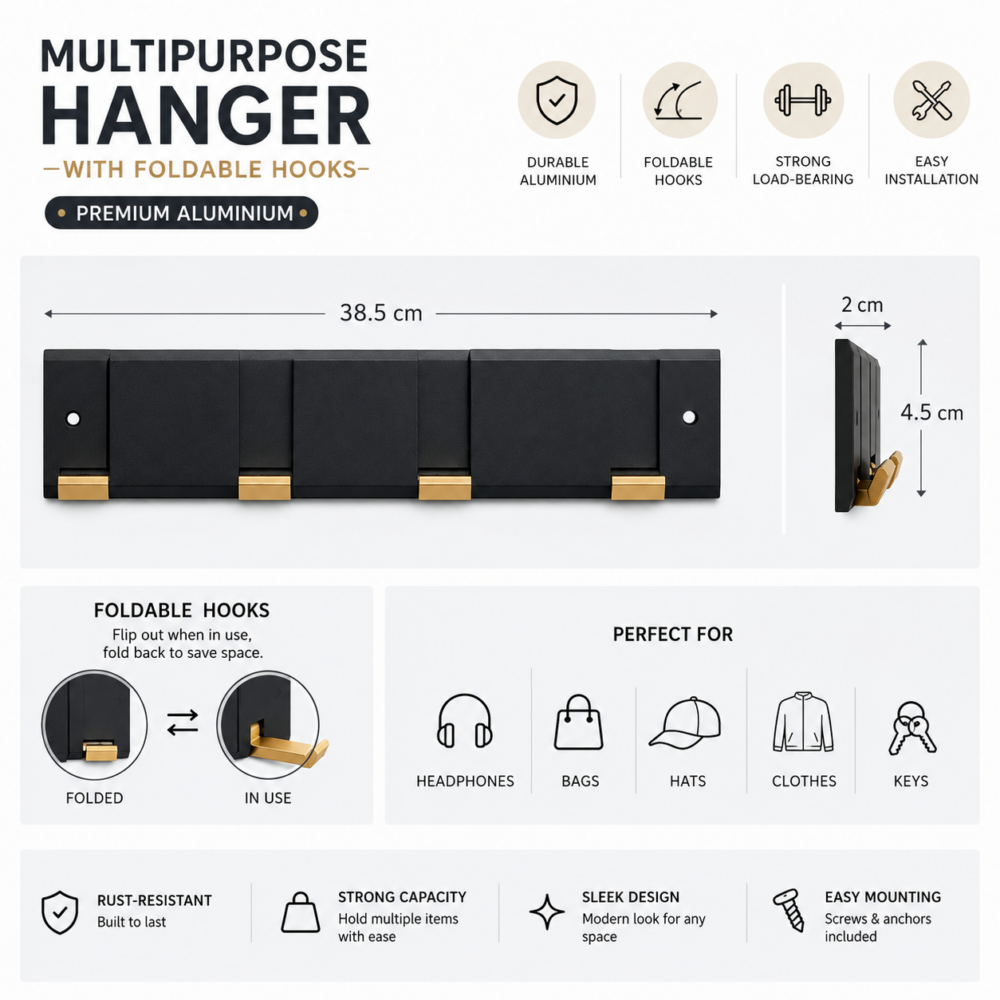 MULTIPURPOSE HANGER WITH FOLDABLE HOOKS (ALUMINIUM)