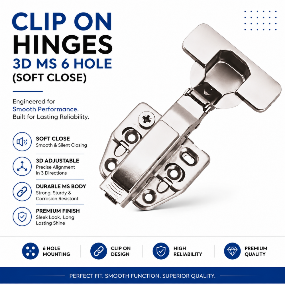 CLIP ON HINGES 3D MS 6 HOLE (SOFT CLOSE)