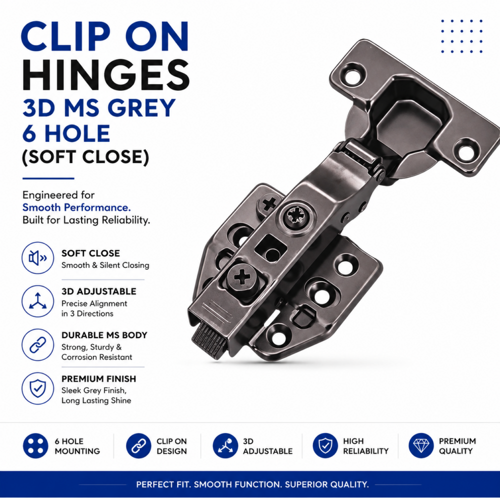 CLIP ON HINGES 3D MS GREY 6 HOLE (SOFT CLOSE)