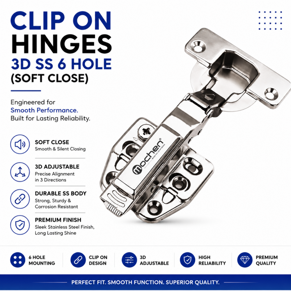 CLIP ON HINGES 3D SS 6 HOLE (SOFT CLOSE)