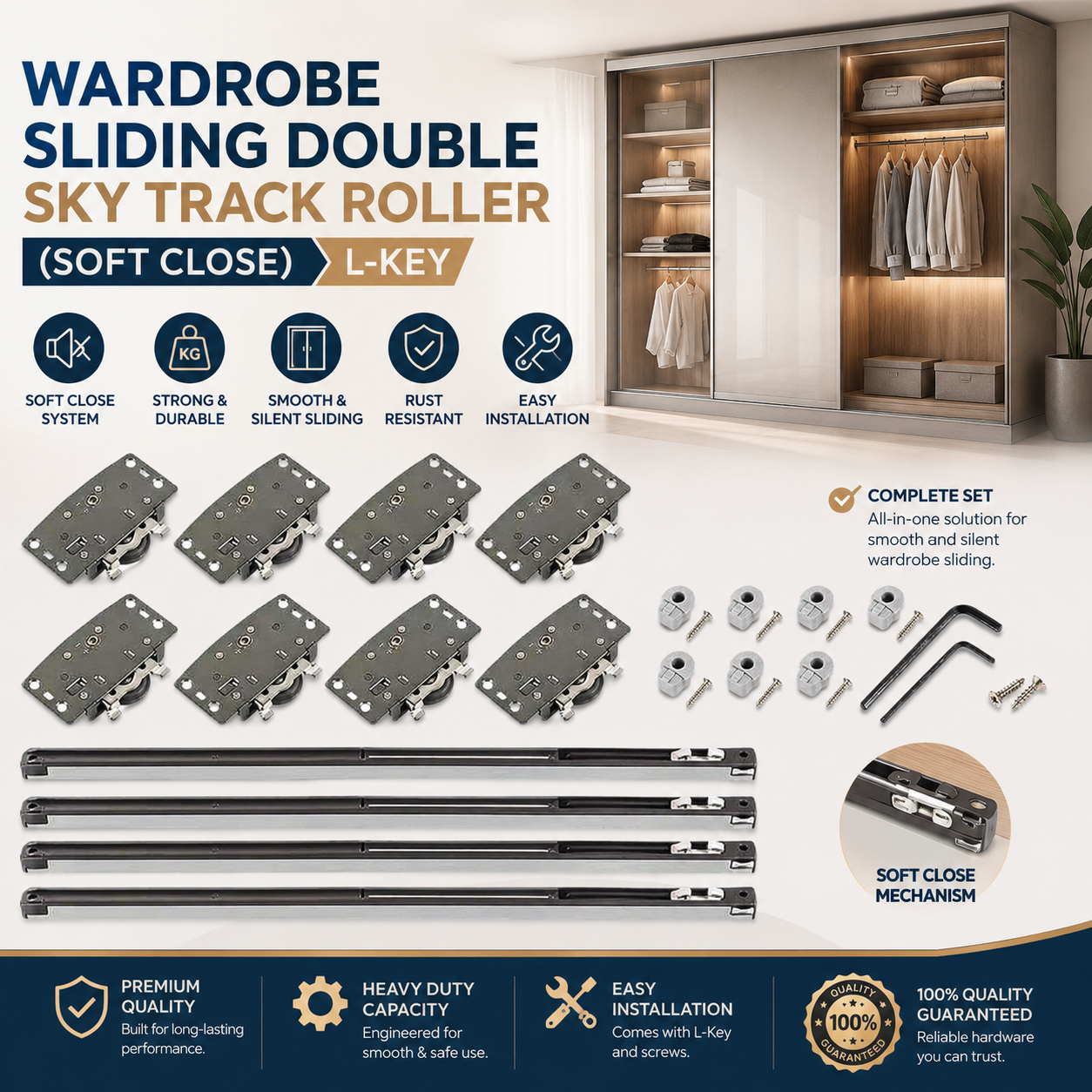 WARDROBE SLIDING DOUBLE SKY TRACK ROLLER (SOFT CLOSE) L-KEY