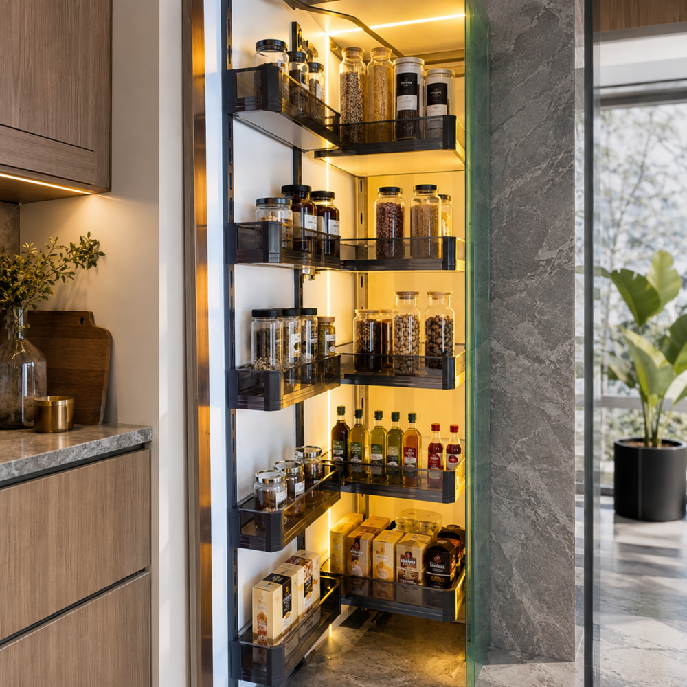 PREMIUM PURPLE GLASS PANTRY WITH BIDDING (SOFT CLOSE FRAME)