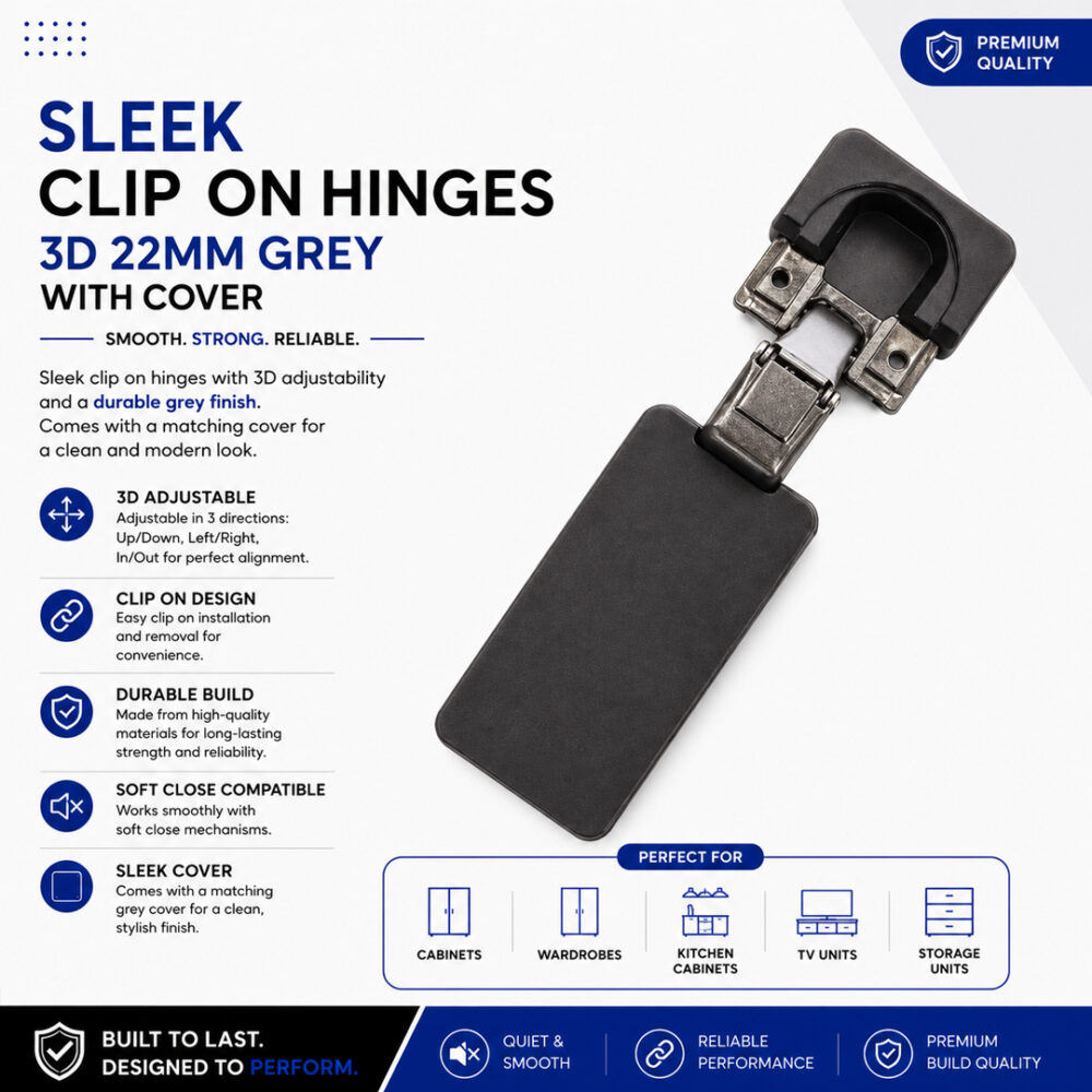 Sleek Clip On Hinges 3D 22mm Grey With Cover