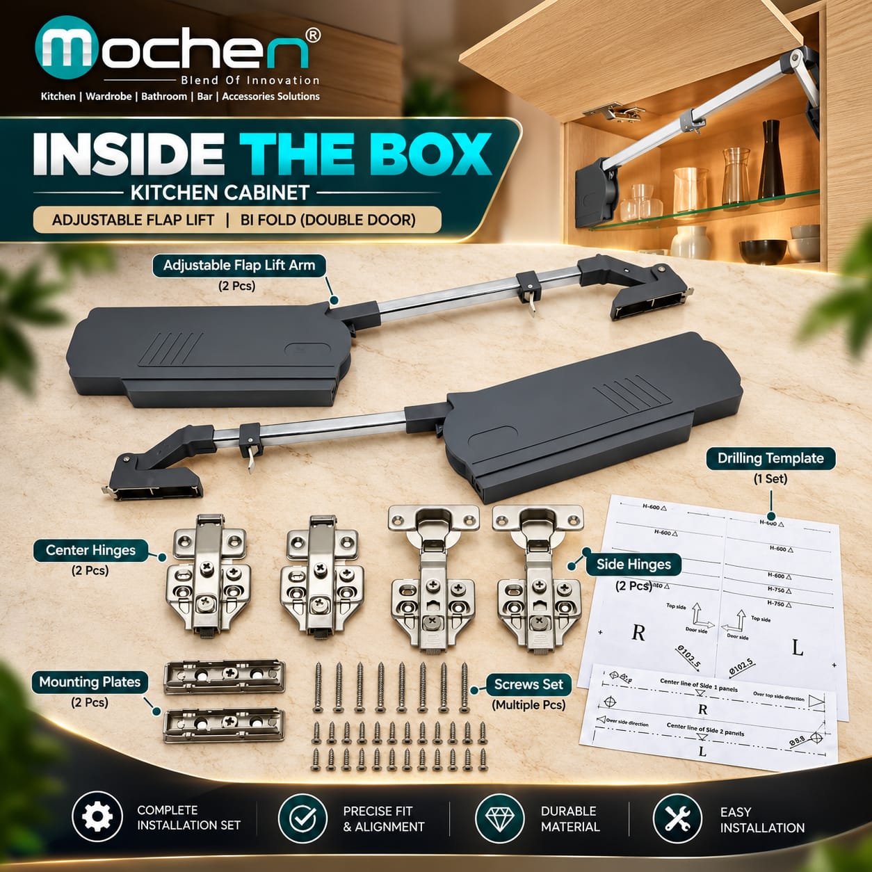 Adjustable Kitchen Cabinet Flap Lift Bi Fold (Double Door) - Image 2